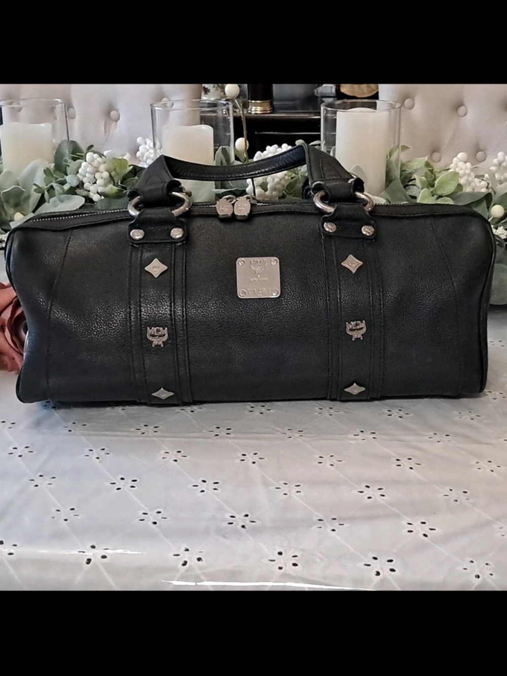 MCM Black Pebbled Leather  Boston  handbag Silver studs and  Hardware Medium